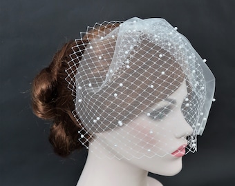 Double Layer Pearl Birdcage Veil In White Or Light Ivory, Wedding Veil, Bridal Veil, Bandeau Veil, Mini Veil