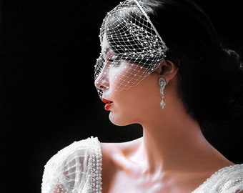 Russian net pearl birdcage veil in white or light ivory, Wedding veil, Bridal veil, Bandeau veil, Mini veil