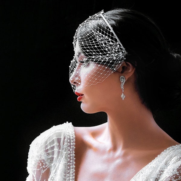Russian net pearl birdcage veil in white or light ivory, Wedding veil, Bridal veil, Bandeau veil, Mini veil