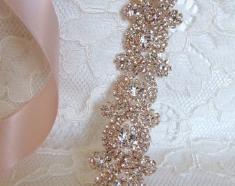 Rose Gold Crystal Rhinestone Bridal Sash, Wedding sash, Bridal Accessories, Bridal Belt, Handmade Sash, Plus Size Belt, style #29
