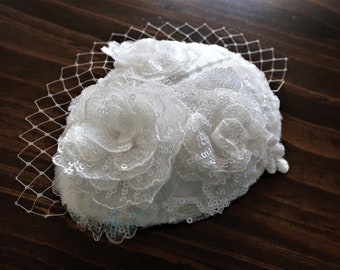 Bridal Cap Russian Veil, Lace Birdcage Veil in White or Light Ivory, Wedding, Sequin Bridal cap Bandeau veil, Mini veil, Handmade Fascinator