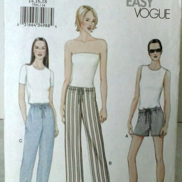 Very Easy Vogue pattern 7591   Pants in 3 lengths   Shorts capris roll - up slacks   Sizes 14 - 16 - 18   Draw - string waist