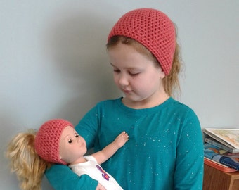 Girl and doll matching messy bun hats   Matching doll ponytail beanie   Me and my dolly hats Salmon color