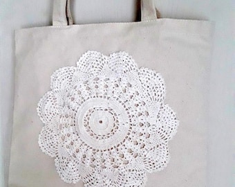 Shopping tote   Canvas bag   Reusable tote bag   Vintage lace bling   Project bag   Carryall