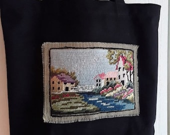 Save the planet shopping bag   Black canvas eco tote   Repurposed needlepoint motif   Bucolic water side scene needlework