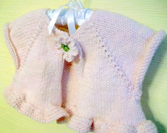 Girls ballet bolero, Girls ruffled shrug, Hand knit childs cardi, Angelic palest pink, Flower closure, Size 4, Loose fitting