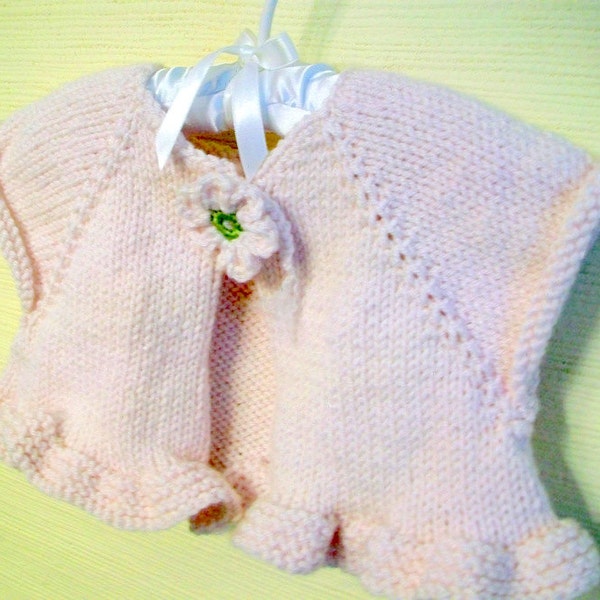 Girls ballet bolero, Girls ruffled shrug, Hand knit childs cardi, Angelic palest pink, Flower closure, Size 4, Loose fitting