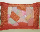 CRAZY QUILT PILLOW Burnt Orange/Scrappy, Hand Emb, American Made, 14x19 Poly Filled Insert, Envelope Style Cover, Appalachian Mtn, Complete.