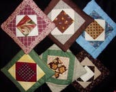 SALE Potholders PATCHWORK Group of 6, Close Out, Square in Square Traditional Quilt Pattern, Country Prima Ranch Decor, Hand Made in US