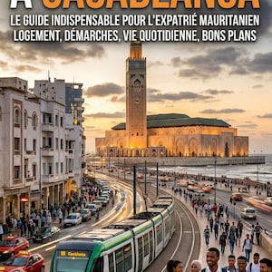 May include: Image of a travel guide titled "GUIDE DE SURVIE À CASABLANCA" with a cityscape featuring a mosque and a tram. The guide is for Mauritanian expats. People walk along the street.