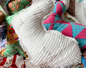 Handmade upcycled stuffed bunny rabbit vintage white chenille blanket quilt shabby chic bowl filler pillow
