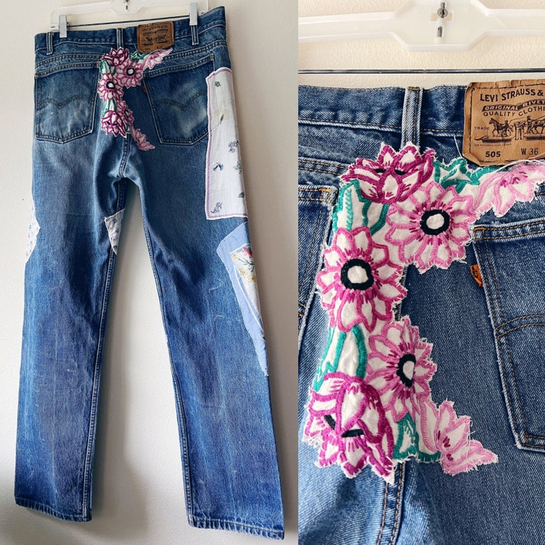 vintage Levis 505 upcycled floral hankie patchwork jeans 34x31 image 2