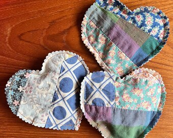 Handmade heart lavender sachets vintage quilt floral blue pouch linen drawers set of 3 Valentine’s Day rustic shabby chic decor