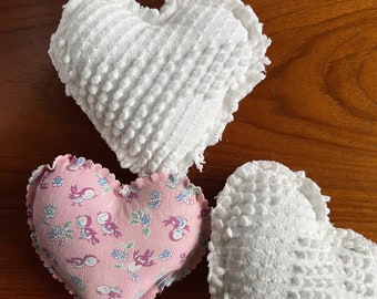 Valentines Day Handmade upcycled stuffed heart vintage patchwork pink love birds white chenille quilt shabby chic bowl fillers mini pillows