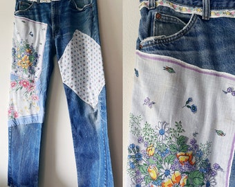 Vintage Levis 505 upcycled floral pañuelo jeans patchwork 34x31