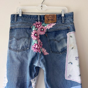 vintage Levis 505 upcycled floral hankie patchwork jeans 34x31 image 3