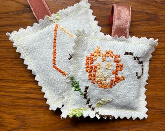 Set of 2 Handmade lavender sachets hangers vintage embroidered rustic linen pouch cottagecore