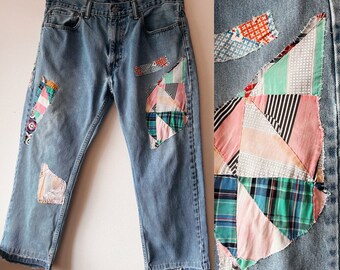 Levis 505 upcycled reworked vintage quilt pieces patchwork jeans 36x26