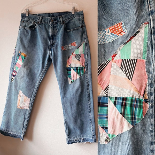 Levis 505 upcycled reworked vintage quilt pieces patchwork jeans 36x26