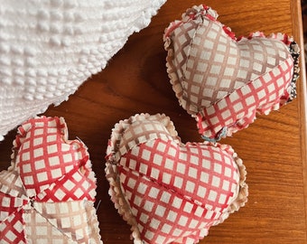 Valentines Day Handmade upcycled stuffed heart vintage patchwork res check quilt shabby chic bowl fillers mini pillow set of 3