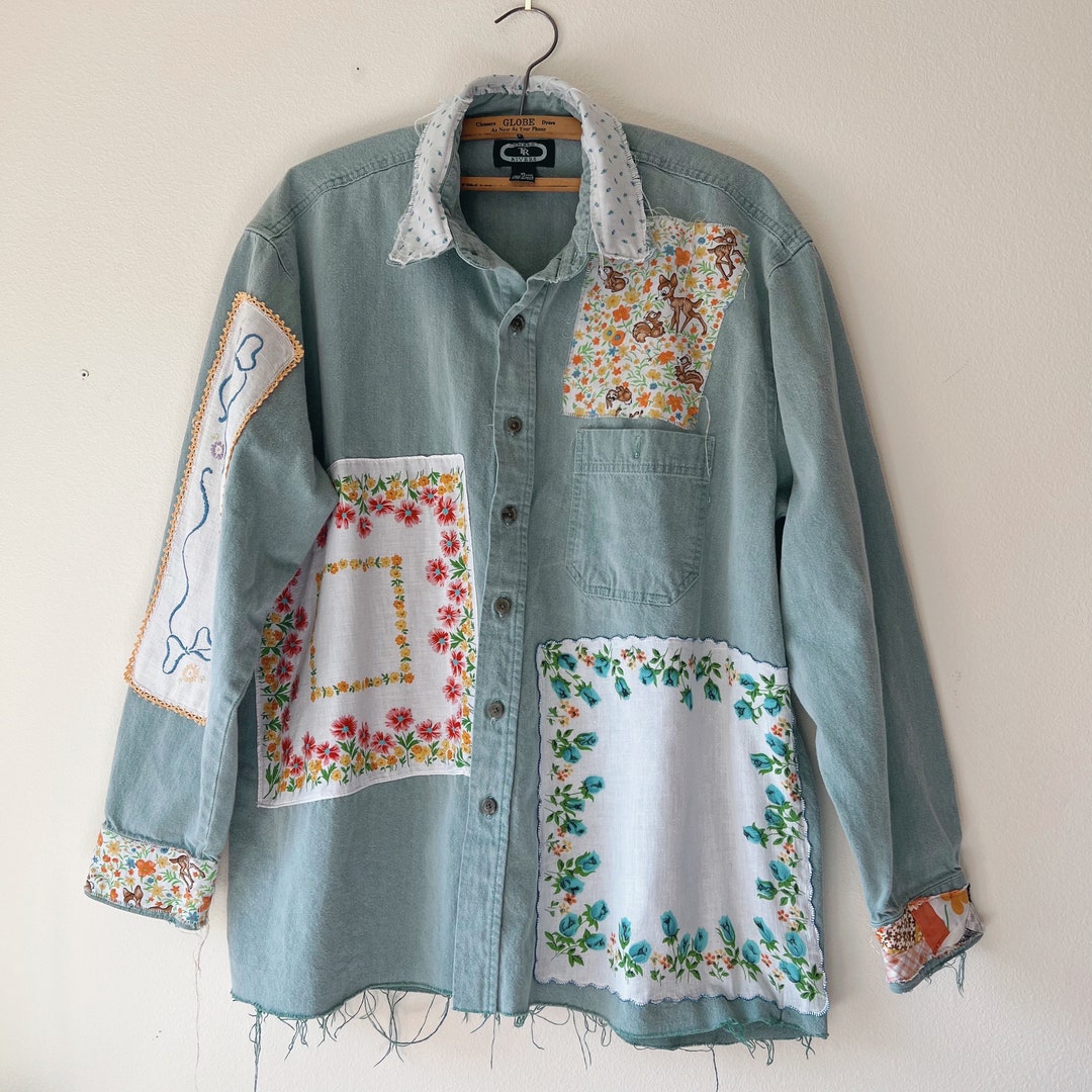 Reworked Patchwork Reworked Sample Upcycled Blue and Orange Floral Reworked Patchwork Long Sleeve Denim ...