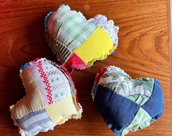 Handmade upcycled stuffed heart vintage patchwork quilt shabby chic bowl fillers mini pillow set of 3 Valentine’s Day
