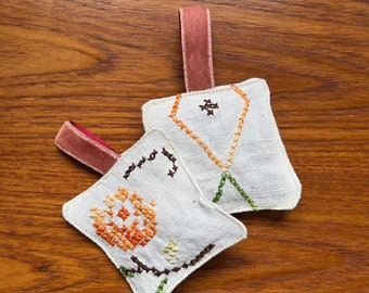 Set of 2 Handmade lavender sachets hangers vintage embroidered rustic linen pouch cottagecore