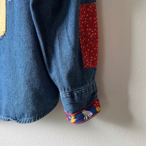 upcycled hongo floral reelaborado patchwork manga larga denim jean camisa tamaño L Edgy Reciclado angustiado Único en su tipo hecho a mano imagen 5