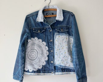 upcycled reworked patchwork floral denim jacket long sleeve size L Unique, Edgy Recycled distressed One of a kind handmade