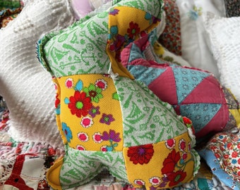 Handmade upcycled stuffed bunny rabbit vintage patchwork green gold floral quilt shabby chic bowl filler pillow