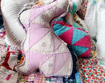 Handmade upcycled stuffed bunny rabbit vintage patchwork lavender purple white quilt shabby chic bowl filler pillow