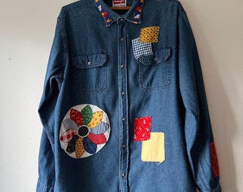 upcycled mushroom floral reworked patchwork long sleeve denim jean shirt size L Edgy Recycled distressed One of a kind handmade