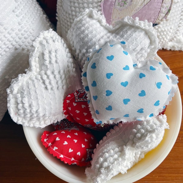 Valentines Day Handmade upcycled stuffed heart vintage patchwork blue white chenille quilt shabby chic bowl fillers mini pillow set of 3