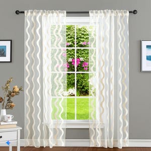 Beige & Gold Embroidered Sheer Curtains: Light Filtering Voile Drapes, Set of 2