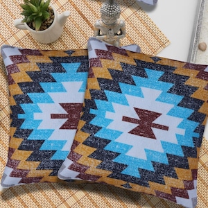 Kilim Throw Pillow Covers (Set of 2): Geometric Boho Cushion, 100% Cotton 18&quot;
