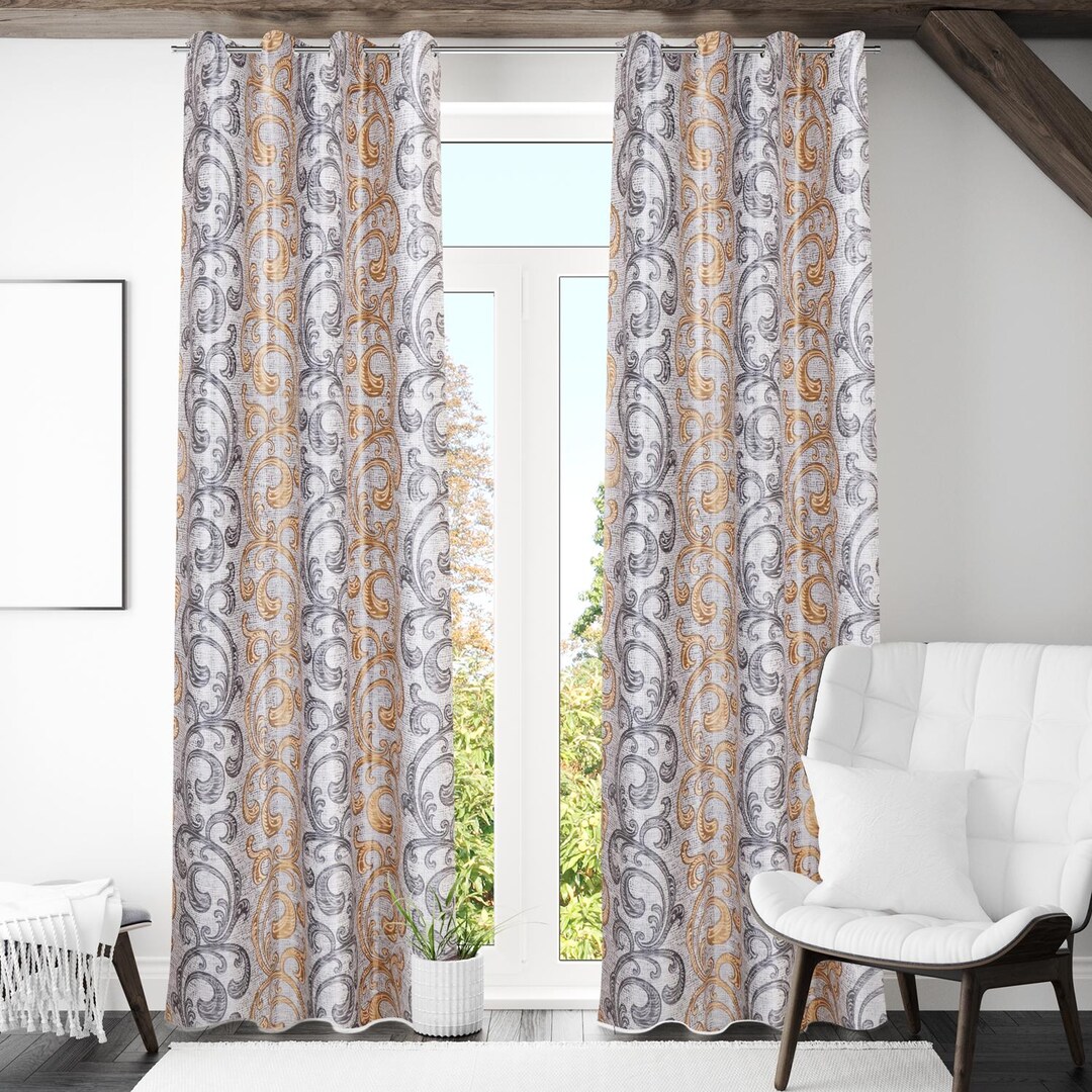 Damask Curtains Grey Brown Curtains Room Darkening Drapes Leaf Design ...
