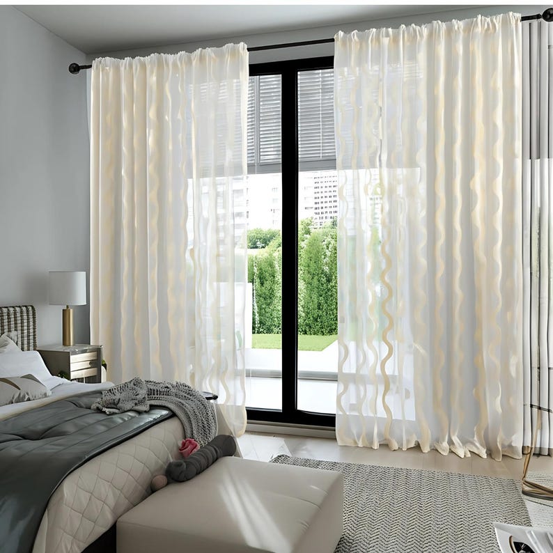 Beige and Gold Embroidered Sheer Curtains Rod Pocket Light Filtering ...
