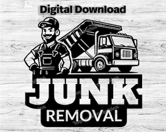 May include: Black and white illustration of a cartoon man in a jumpsuit standing next to a skip lorry. The text "JUNK REMOVAL" is written in a black banner below the image.