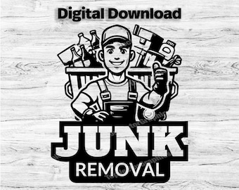 May include: Black and white illustration of a person wearing a jumpsuit and a cap, holding a full bin with various items inside. The text "JUNK REMOVAL" is below the image.