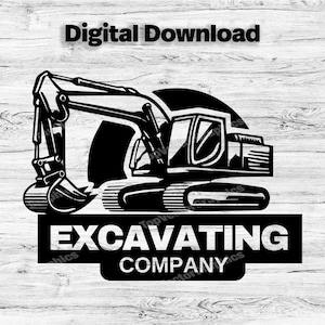 Puede incluir: Ilustración en blanco y negro de una excavadora con el texto "Excavating Company" debajo.