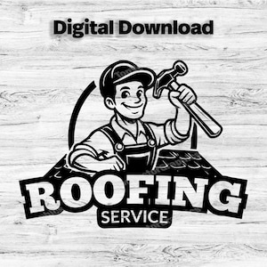 Könnte beinhalten: Schwarzweiß-Illustration eines Cartoon-Dachdeckers, der einen Hammer hält. Der Dachdecker trägt einen Helm und eine Latzhose. Der Text "Roofing Service" befindet sich unter dem Bild.
