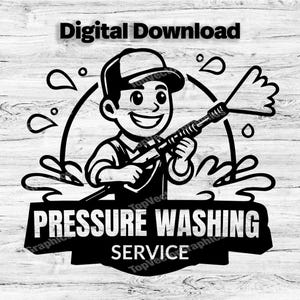 May include: Black and white illustration of a cartoon character holding a pressure washer with water spraying out of the nozzle. The text "Pressure Washing Service" is below the character.