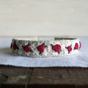 Red Rose Embroidered Bracelet Red and White Flowers on Natural Linen Embroidered Cuff Bracelet image 1