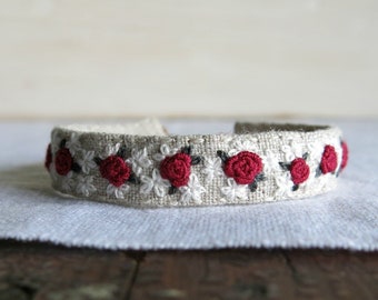 Red Rose Embroidered Bracelet - Red and White Flowers on Natural Linen Embroidered Cuff Bracelet