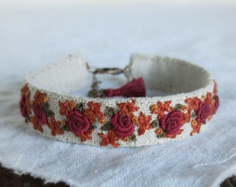 Colorful Floral Embroidered Textile Art Cuff Bracelet, Adjustable Bracelet, Fabric Cuff Bracelet, Handmade Jewelry, Boho style Bracelet
