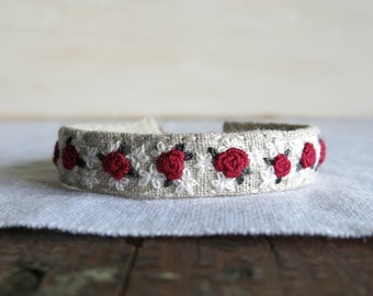 Red Rose Embroidered Linen Cuff Bracelet: Floral Handmade Jewelry