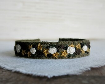 Floral Embroidered Cuff Bracelet - Cream Roses on Olive Green Linen Cuff Bracelet