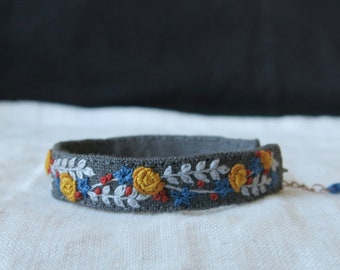 Yellow Rose Hand Embroidered Textile Art Cuff Bracelet, Floral Fabric Cuff Bracelet, Adjustable Bracelet, Pretty Gift For Her, Ready to Ship
