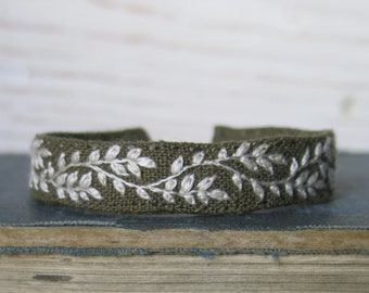 Green Hand Embroidered Fabric Bracelet, Nature Inspired Jewelry, Layering Bracelet, Boho Style Jewelry, Botanical Jewelry, Gift for Her