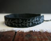 Black Cuff Bracelet, Modern Embroidered Cuff, Linen Fabric Bracelet, Boho Cuff Bracelet, Dark Vine Embroidery Cuff, Gift For Her, GF Gift
